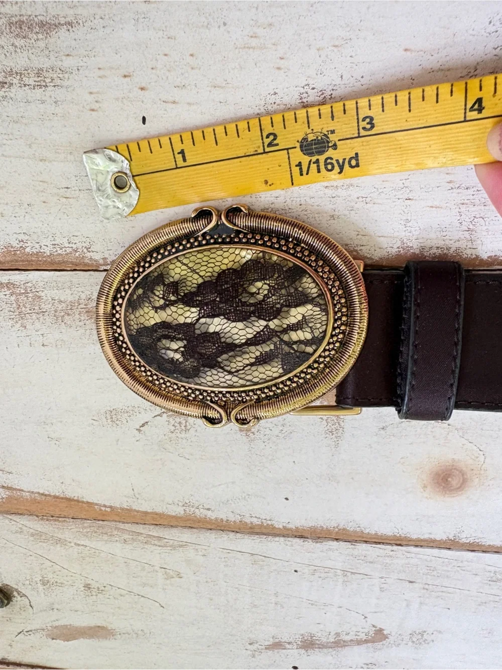 Chico’s vintage Y2K satin leather belt with oval gold gem buckle lace sz S/M EUC